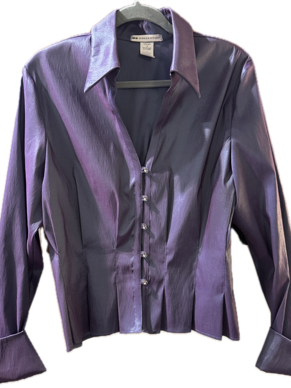 Elegant purple blouse with rhinestone buttons on front and cuffs.